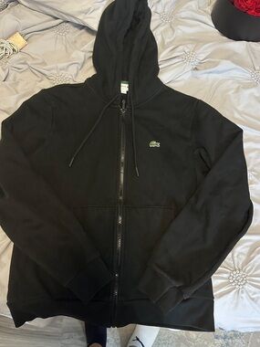 Lacoste Black Zip Hoodie with Green Crocodile Emblem